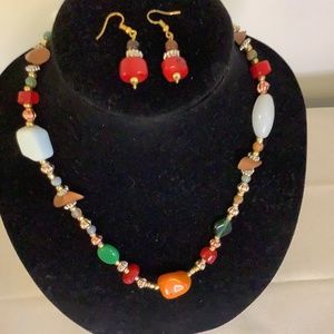 Multi-colored beaded necklace with matching earrings
